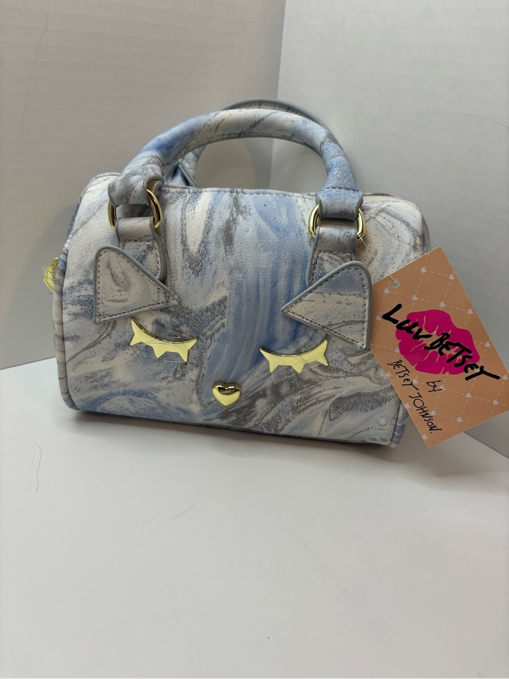 Luv Betsey Johnson Blue/white Marble Cat Face mini barrel purse LBHARLEY